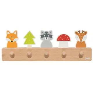 GoKi 60662 Garderobe Waldfreunde aus Holz, Kindergarderobe mit 5 Haken, Niedliche Waldmotive Fuchs, Waschbär, Reh, Hakenleiste für Kinderzimmer, Fördert Ordnung und Selbstständigkeit, ab 1 Jahr
