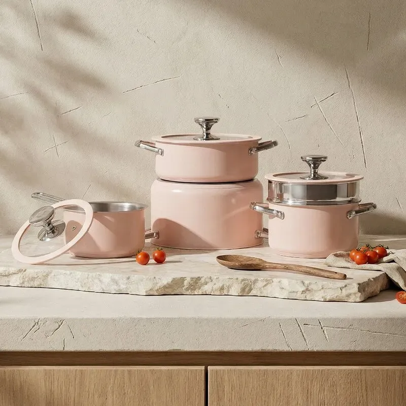 PURE COOK Farbige, keramikbeschichtete 4-teilige Kochgeschirrset-Serie aus Edelstahl 304, Rosa - 16 cm Milchtopf, 18 cm Suppentopf mit Dämpfeinsatz, 22 cm Feuertopf, 24 cm Brühtopf