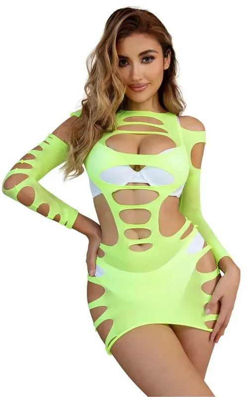 SUBBLIME  952280 Netz-Kleid Grün langärmlig elastisch One Size (Einheitsgröße)