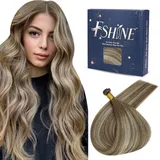 Fshine Tressen Echthaar, Echthaar Tressen zum Einnähen 60cm 60g Haarverlängerung Echthaar Extensions zum Einnähen Hellbraun mit Platinblond Farbe 6 60 6