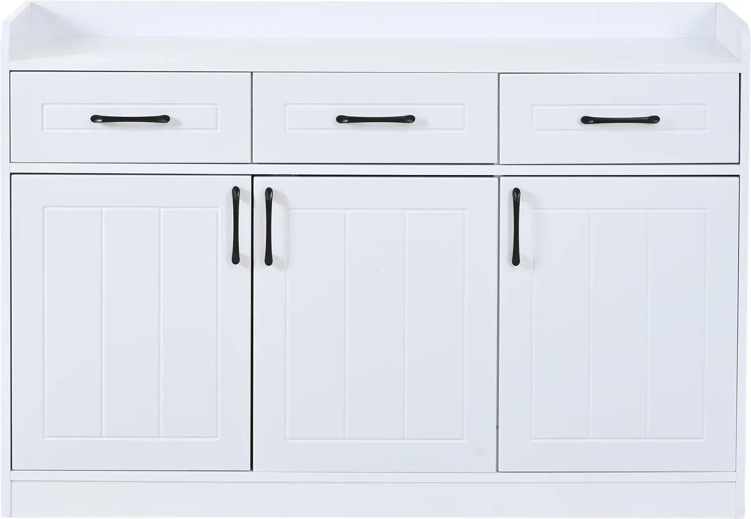 Sideboard mit viel Stauraum, 3 Schubladen und 3 Türen mit verstellbaren Einlegeböden, gestreifte Türfront, 120x35x80 cm, Weiß