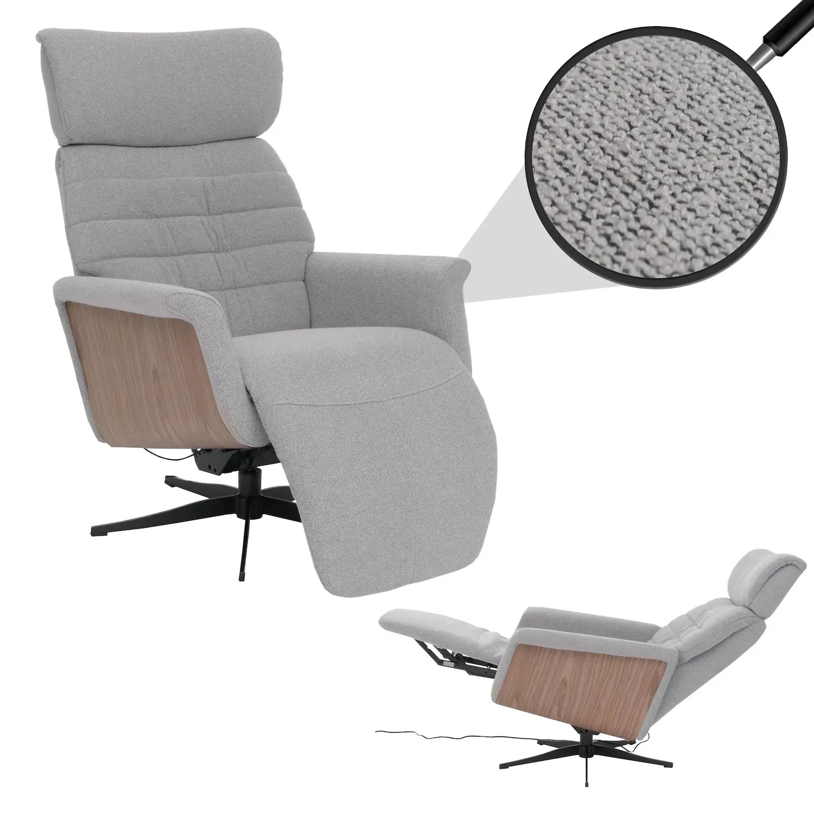 MCA Relaxsessel MCW-N56, Fernsehsessel Liegesessel Fußstütze drehbar Bouclé Stoff Holz ~ Stoff grau, Holz Walnuss-Optik