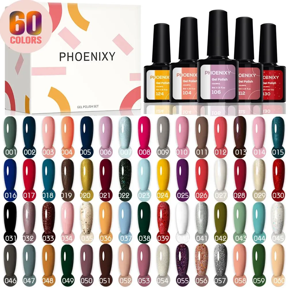 PHOENIXY Gel-Nagellack-Set, Soak-Off-Gel-Lacke, 60 Stück, Nagel-UV-Gel-Nagellack, reines Gel, semi-permanenter Lack, Maniküre-Set, Nagel-Gel
