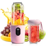 Tragbarer Mixer Smoothie Maker, 500 ml Mixer Smoothie Maker to Go mit Digitalanzeige, 16-Blatt Tragbarer Mixers für Frischen Saft, Wiederaufladbarem MIXER to Go Elektrisch für Reisen Küche, Rosa