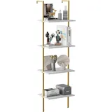 Leiterregal, Bücherregal mit Metallrahmen, Industrielles Leiterregal, Wandregal mit 4 Ebenen, Wandlehnregal, Standregal für Wohnzimmer, Schlafzimmer, Büro, Badezimmer, 40 x 30 x 144 cm, Weiß+Gold