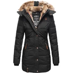 MARIKOO Damen stylischer Wintermantel Steppmantel mit Kunstpelz-Kapuze Lieblings Jacke