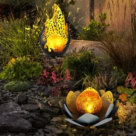 GLOBO Solarleuchte Flammen Design Außen Solarblume Aussen Lotusblume Solar Crackle Glas, grau, LED Leuchtmittel, 1x Lotusblume 1x Flammen Design, 2er Set