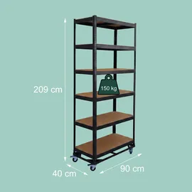 Relaxdays Schwerlastregal Stahl 209 x 90 x 40 cm schwarz auf Rollen 6 Böden