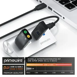 Primewire USB-Adapter 1× USB Typ A Stecker zu 4 x USB 3.2 Gen2 Buchse, 4 Port USB 3.2 Gen2 Hub Aktiv Verteiler mit Netzteil, Alugehäuse