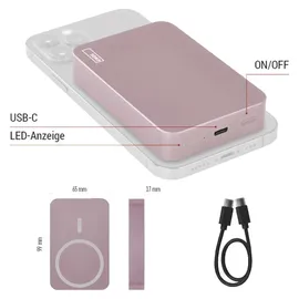 EMOS Powerbank WI 1046, 10000 mAh MagSafe mit Passthrough und Wireless-Charging, USB-C-Ausgang inkl. Kabel - für iPhone, Smartphone, - rosa, B0551S - Rosa