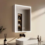 EMKE Spiegelschrank Bad mit Beleuchtung, 50x70x14,5 cm, Antibeschlag, 3 Lichtfarbe dimmbar, Steckdose, Glasablage, Speicherfunktion, Silberner Doppelspiegel Spiegelschrank, Acryl-Leuchtmaterial