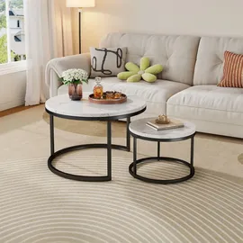 stilvora Couchtisch-Set 2-teilig rund,Wohnzimmertisch mit rutschfesten Fußpads, Beistelltisch mit Metallrahmen und Tischplatte Steinoptik - Schwarz