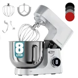 Heinrichs ́s Küchenmaschine, Knetmaschine, Teigmaschine, 2500W Küchengerät, Doppel-Knethaken, Rührhaken, Schneebesen, 8 einstellbare Geschwindigkeiten, XXL 8L Edelstahlschüssel,geräuscharm, Sternsilber