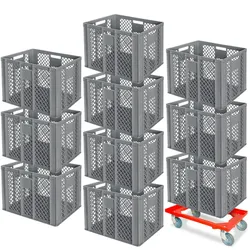 BRB 10 Euroboxen, 600x400x410 mm, lebensmittelecht, grau + Transportroller
