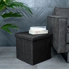 Intirilife Faltbarer Sitzhocker 38x38x38 cm in DIAMANT SCHWARZ - Sitzwürfel mit Stauraum und Deckel aus Stoff in Leinen Optik - Sitzcube Fußablage Aufbewahrungsbox Truhe Sitzbank