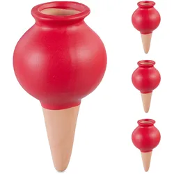 Relaxdays Tonspitzen Bewässerung, 4er Set, Wasserspender für Zimmerpflanzen & Balkonkästen, Gießkegel, terracotta/rot