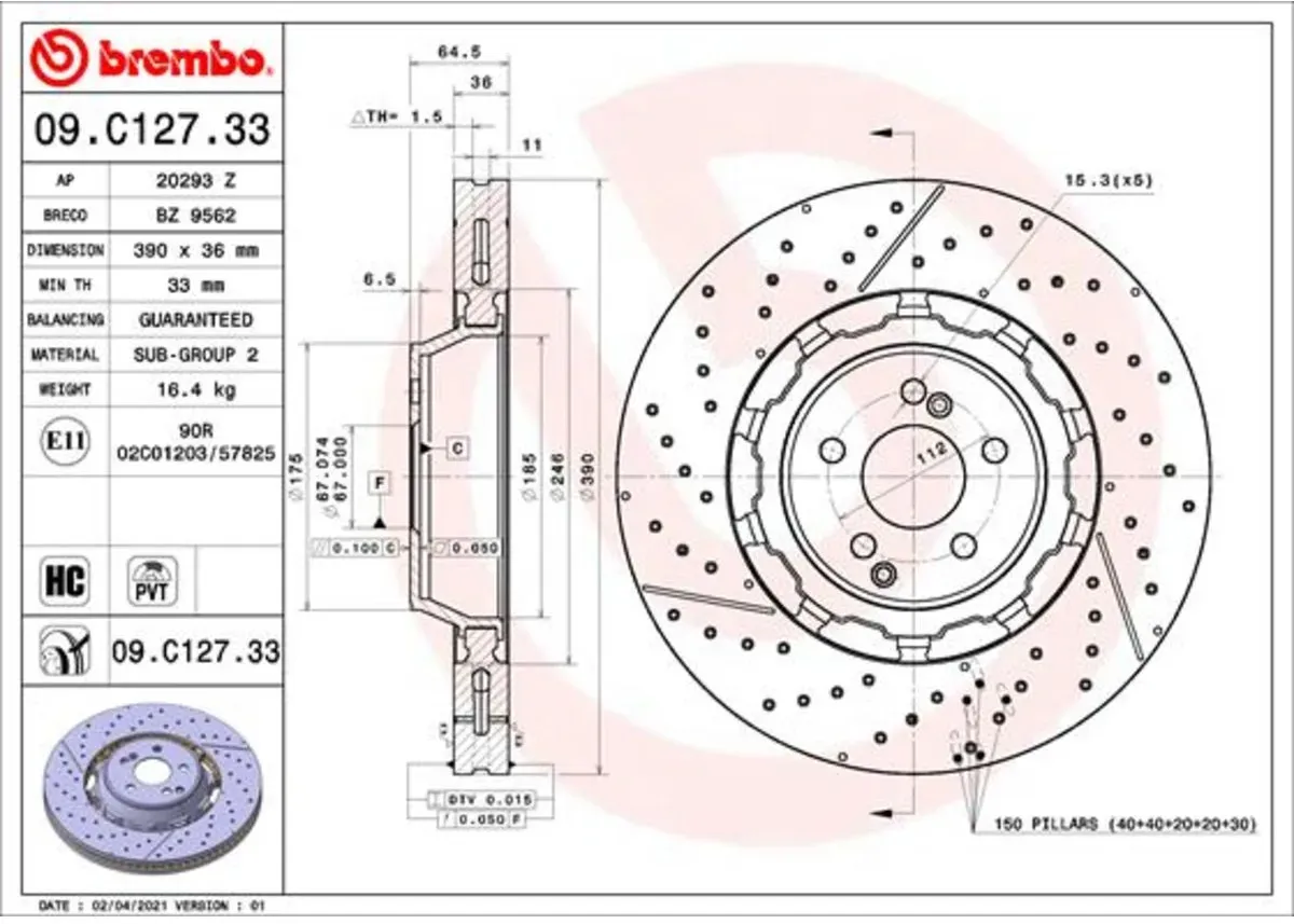 Remschijf - Dual Cast BREMBO 09.C127.33, 1 stuk