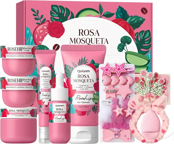 QUIYUM Hagebutte Hautpflege-Set (9-teilig) – Gesichtsreiniger 50 g, Serum 30 ml, Augencreme 20 g, Gesichtscreme 50 g, Wundschutzcreme 30 g, mit Haarspangen, Haarband und Gesichtsschwamm