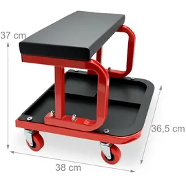 Relaxdays Werkstatthocker bis 100 kg gepolsterter Sitz, 4 Rollen, Montagehocker, schwarz-rot