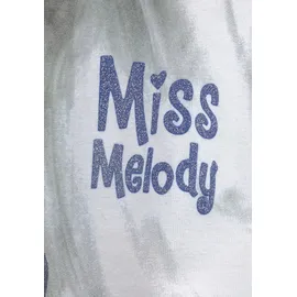 Miss Melody MISS MELODY, Mädchen, Gr. 104/110, N-Gr, blau (marine, bedruckt), Single Jersey, Obermaterial: 95% Baumwolle, 5% Elasthan, bedruckt, Rundhals, Raglanärmel abgesteppte Kante, Kleider Jerseykleid, toller Frontdruck mit Glitzereffekt