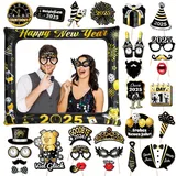 DPKOW 2025 Glücksbringer Silvester Foto Requisiten Rahmen 29 STK, Fotobox Accessoires Silvester 2025 Aufblasbarer Fotorahmen für 2025 Neujahr Fotobox Accessoires Silvester Party Zubehör Gadget