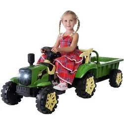 Elektro-Kindertraktor, Anhänger mit Kippfunktion, Ledersitz, Hupe, Fernbedienung, LED, Motorsound (Grün)