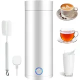 Tragbarer Elektrischer Wasserkocher, 400ml Tragbarer Mini-Heizbecher Reise-Wasserkocher Elektrisch mit Reinigungsbürste Wasserkocher Klein für Tee, Milch, Kaffee (EU Stecker) (Weiß)