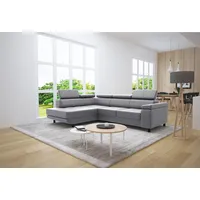 thematys Ecksofa LUNA L mit Schlaffunktion & Bettkasten – aus Velours oder Cord Stoff, mit 5 verstellbaren Kopfstützen, – L-Form 250×183 cm – Schlafsofa mit Auszug grau
