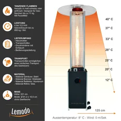 Heizpilz mit Gas, Heizstrahler Terrasse, 4 kW-12,5 kW, mobil mit Flammenspiel Schwarz nur Heizer