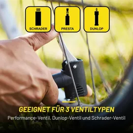 Dunlop Fahrradpumpe 12Bar - Luftpumpe für Dunlop-/Schrader-/Französisches Ventil - Standluftpumpe mit Adapter - Schwarz