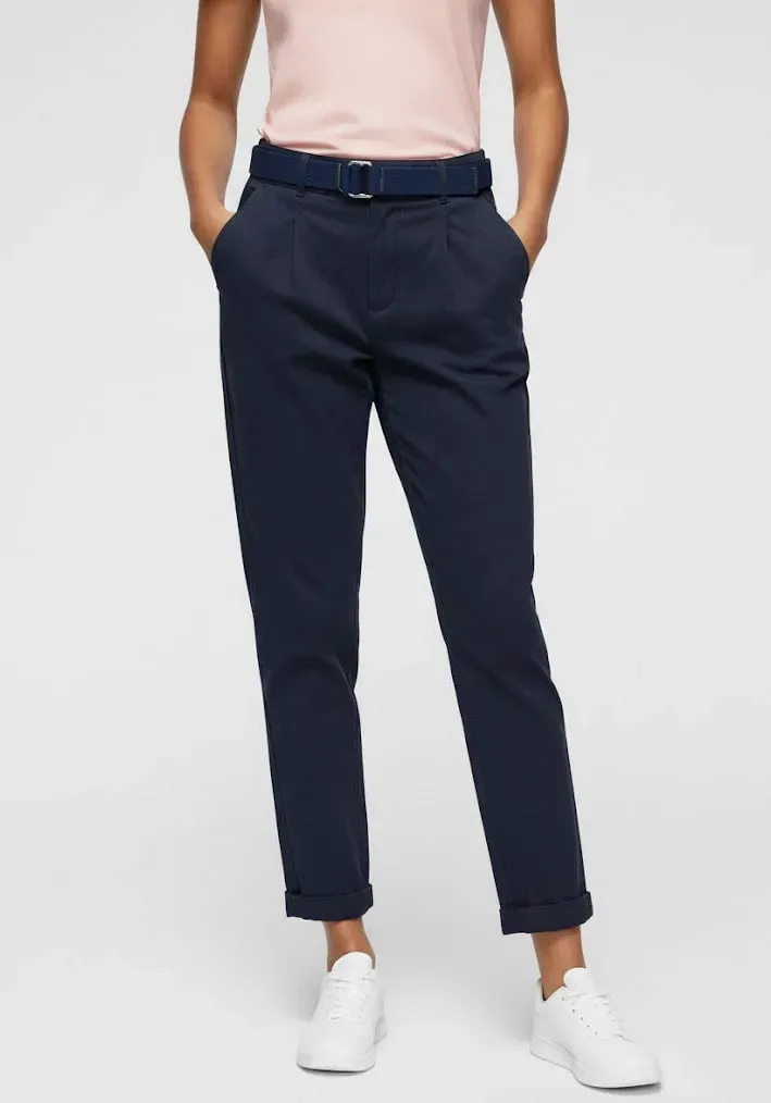 Chinohose DELMAO, Damen, Gr. 42, N-Gr, blau (navy), Web, Obermaterial: 98% Baumwolle, 2% Elasthan, unifarben, bequem lang, Hosen Chinohose, mit passendem Gürtel
