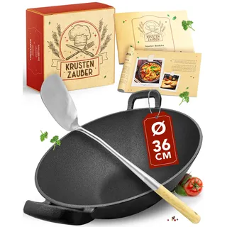 KRUSTENZAUBER 36cm Gusseisen Wok Induktion - Wokpfanne mit Wokwender - Ideal für Gasgrill, Herd, Ofen, als Paella Pfanne Gusseisen, Gusseisenpfanne Induktionsgeeignet für Stir Fry oder Sac Tava