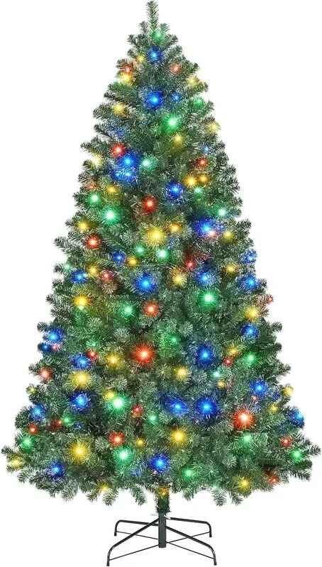 Yaheetech 1,83 m vorbeleuchteter künstlicher Weihnachtsbaum, Scharnier-Fichte mit klappbarem Stand, 300 mehrfarbige LED-Lichter mit 9 Modi & 818 Zweigen, Grün