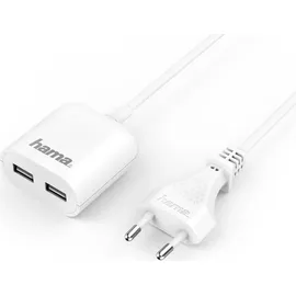 Hama USB-Netzteil mit 1,9 m langem Kabel, 2,4 A, 2x USB-A, Weiß