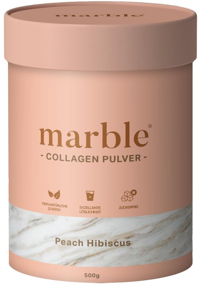 marble® Collagen Pulver 500 g - Collagen Peptide skin glow - Aminosäuren Komplex hochdosiert - Kollagen Pulver in Pappdose ohne Plastiklöffel – Peach Hibiscus