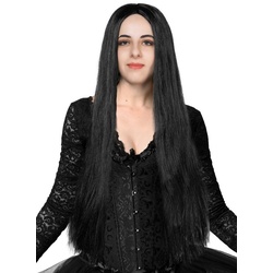 Metamorph Kostüm-Perücke Mortizia Perücke, Langes, glattes, schwarzes Haar für Hexen, Vampire und Gothic-Mütter schwarz