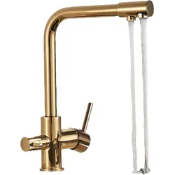 KLARWERK Felix | 3 Wege Premium Gold glänzend Trinkwasser Armatur | Edelstahl Osmose Wasserhahn Küche |Mischbatterie - 360 Grad | Filter 3 Anschlüsse