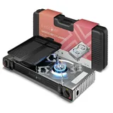 evocamp Gaskocher 2-flammig mit Piezozündung - für Gaskartuschen MSF-1a 227g, mit Grillaufsatz 38 cm ohne Gaskartuschen)