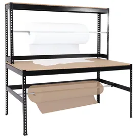 Mendler Packstation HWC-J84, Packtisch Arbeitstisch Werktisch, Rollenhalter höhenverstellbar, Holz Stahl 183x183x90cm, schwarz