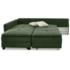 luma-home Ecksofa-Dauerschläfer, Doppelbett 306/223/95 cm Boxspring Federkern Ecksofa 306x223 Dauerschläfer, Bettkasten, Nachtkonsole, Schwenkteil beidseitig montierbar, Cord Grün / 15164