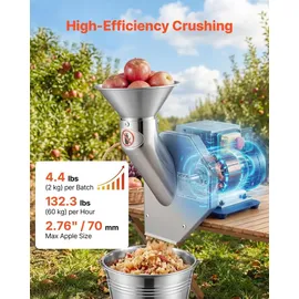 Vevor Obstmühle für Äpfel Elektrisch 550 W, Obsthäcksler Edelstahl SUS304, Verarbeitet Ganze Äpfel bis zu 70 mm Durchmesser, 60 kg/h Obstzerkleinerer für Birnen Ananas Guaven Karotten Kartoffeln