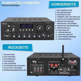 Pyle Audio Hifi Verstärker- mit Bluetooth, 2 Kanal 300W, USB,SD, AUX, FM, Mic Eingänge