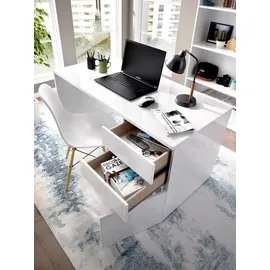 Dmora Schreibtisch Dgabbi, Mehrzweckschreibtisch für Büro oder Schlafzimmer, linearer Arbeitstisch mit 2 Schubladen und 1 Tür, 139 x 60 x 75 cm, Weiß