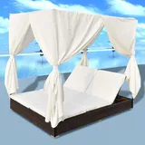 KOIECETA Sonnenliege mit Vorhängen Gartenliege Lounge Doppelliege Relaxliege Sonnenbett Doppelbett Gartenmöbel Liege Liegestuhl Poly Rattan (Braun)