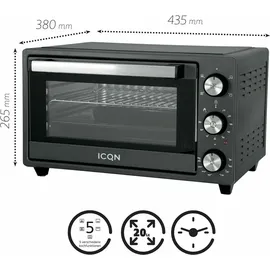 ICQN Minibackofen 20L, Pizza-Backofen, Ober-/Unterhitze mit Umluft-Funktion, 5 Grill-Funktion, 90 Min. Timer, 1500 W, Mini Oven, 80°-240°C, Backblech/Grill/Krümelblech und Blechhalter, Schwarz