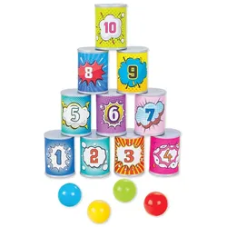 Pilsan Kinderspielzeug Dosenwurfspiel 06034, vier Bälle, zehn Dosen, ab 1 Jahr bunt