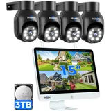 【5MP+PTZ】 Hiseeu Überwachungskamera Set Aussen WLAN mit 15''Monitor 10CH Wireless NVR,4 Pcs 5MP PTZ WiFi Kameras mit 2-Wege Audio,Farbe Nachtsicht,Fernanzeige,App&Mail Alarm,3TB HDD Inklusive