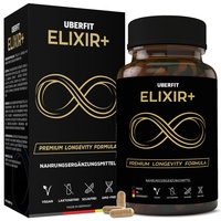 UberFit ELIXIR+ Langlebigkeit in Premium-Qualität - mit Resveratrol 490mg, Spermidin 5mg, NADH, Omega 3, Coenzym Q10, Vitamin D3, E, Kurkuma uvm - 90 Kapseln Vegan