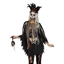 Fun World Kostüm Voodoo Poncho, Mystischer Zauberin-Umhang mit Skelett-Print schwarz