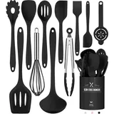 WISHDOR Kochbesteck-Set 12er Küchenhelfer Set Kochgeschirr Küchenutensilien Küchengerät Küchen (Gesund Silikon Kochset Antihaft Hitzebeständig mit Utensilienhalter, 12-tlg., Silikonspatel, Utensilien-Set, Kochutensilien, Silikon, einteilig), Spülmaschinengeeignet Kochzubehör für kochen und backen usw schwarz